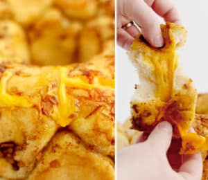 Cheesy Bread Closeup (left) Pull Apart with Cheesy Inside (right)