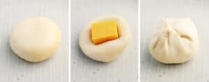 Steps for Cheese Dough Rolls - Roll (left) Roll with Cheese (middle) Roll Closed with Cheese (right)