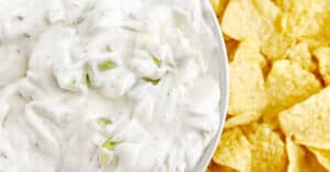 Cucumber Dip in Bowl with Chips Closeup