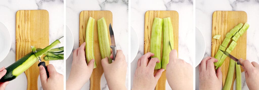 Peel and Chop Cucumbers on Cutting Board