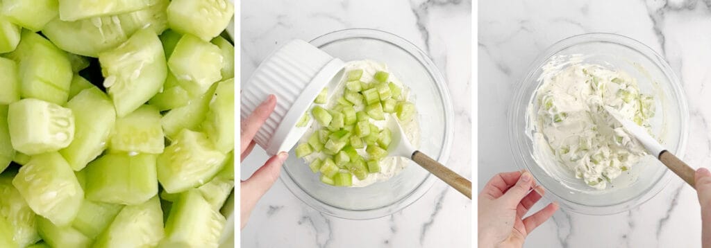 Add Cucumbers to Sour Cream, Cream Cheese, Ranch Mixture