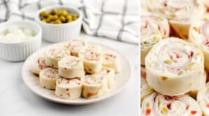 Green Olive and Ham Rollups on Plate (left) Closeup (right)
