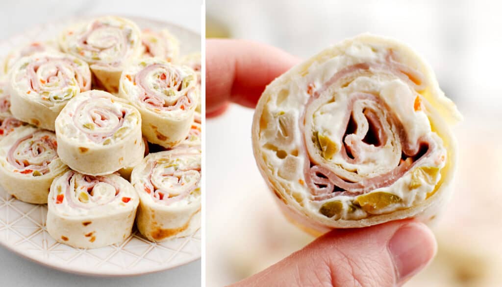 Green Olive and Ham Rollups on Plate (left) Closeup (right)