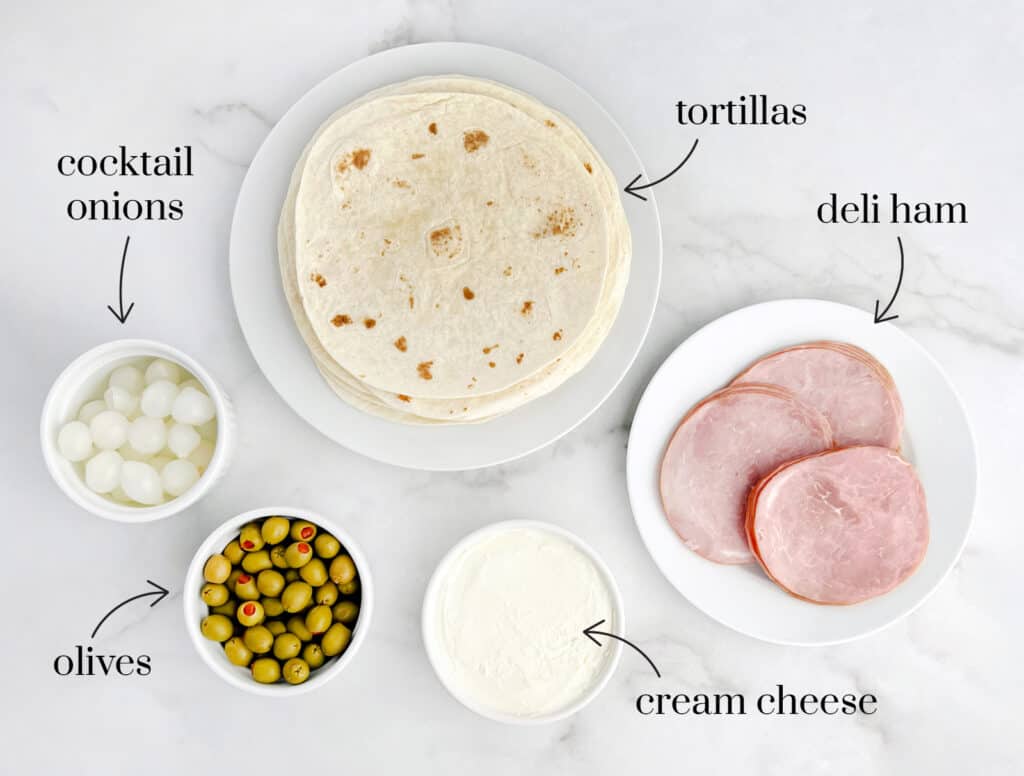 Ham, Cream Cheese, Green Olives, Cocktail Onions, and Flour Tortillas
