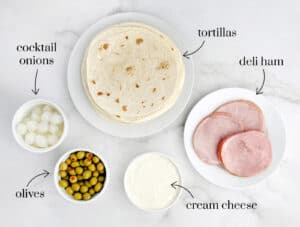 Ham, Cream Cheese, Green Olives, Cocktail Onions, and Flour Tortillas