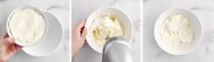 Cream Cheese in Mixing Bowl with Hand Mixer