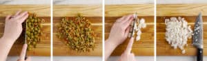 Chopping Green Olives and Cocktail Onions on Cutting Board with Knife