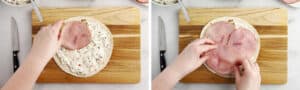 Adding Thinly Sliced Ham on Top of Cream Cheese Mix and Tortilla
