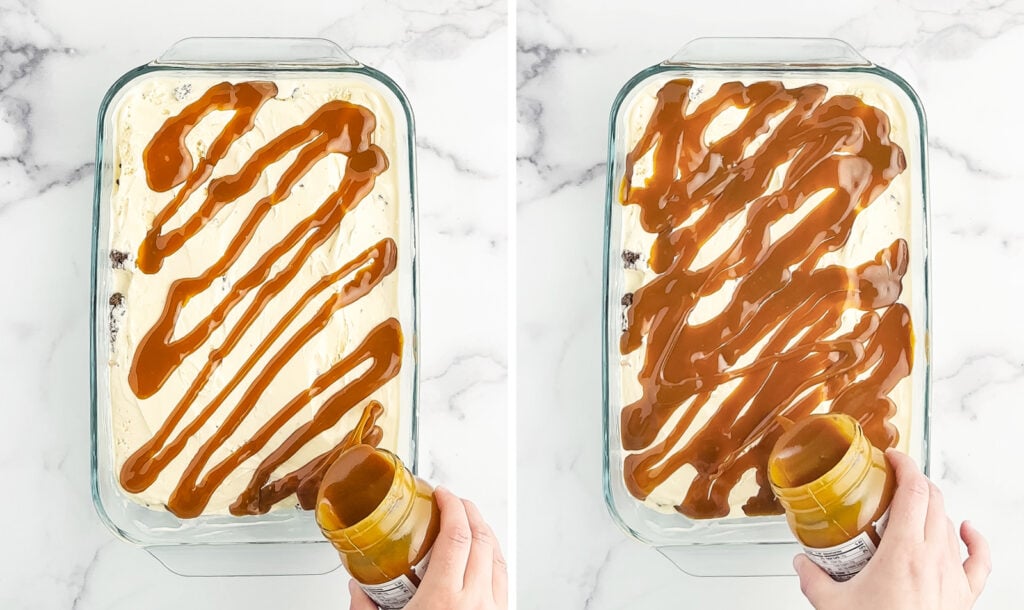 Drizzle Caramel Over Vanilla Ice Cream in Glass Pan