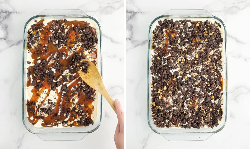 Topping Ice Cream and Caramel with Remaining Chocolate Crunch Pieces in Glass Pan
