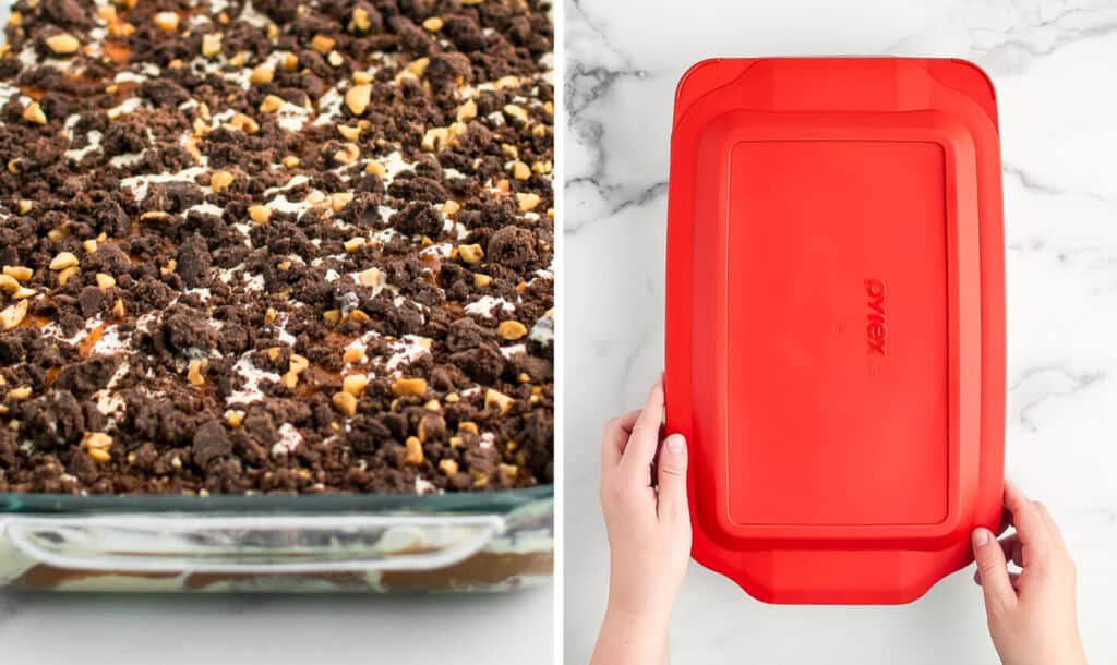 Covering Ice Cream Crunch Cake with Lid