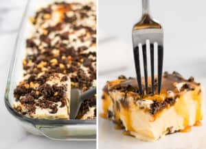 Chocolatey Caramel Ice Cream Dessert in Pan (left) Closeup with Fork (right)