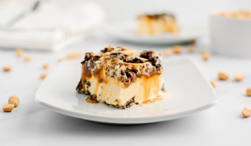 Slice of Ice Cream Cake on Plate with Peanuts on Counter