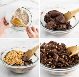 Adding Chocolate Cake Mix and Peanuts to the Melted Butter in Glass Mixing Bowl