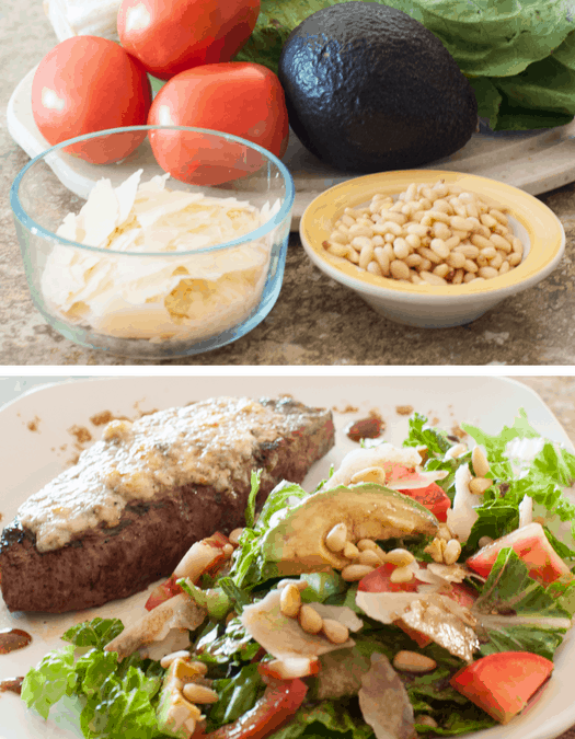 Gorgonzola Steak with Avocado Pine Nut Salad
