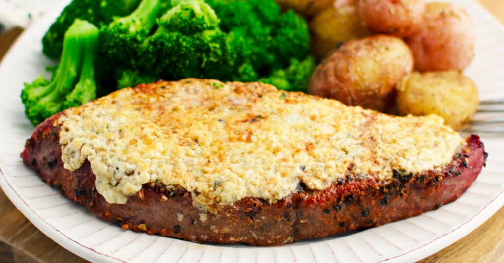 Gorgonzola Steak with Broccoli and Potatoes on Plate