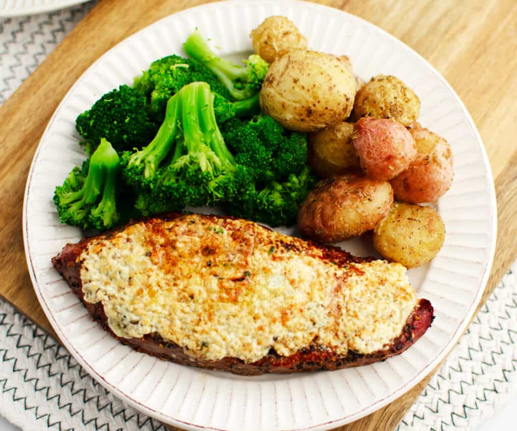 Steak Gorgonzola Plated with Broccoli and Potatoes