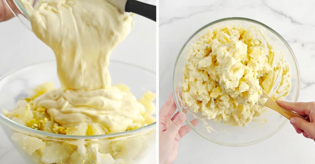 Pouring Sauce Over Potato Salad and Stirring