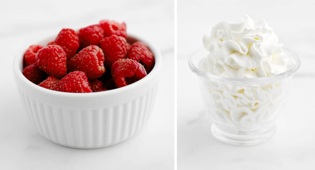 Fresh Raspberries in a Bowl (left) Whipped Cream in Bowl (right)