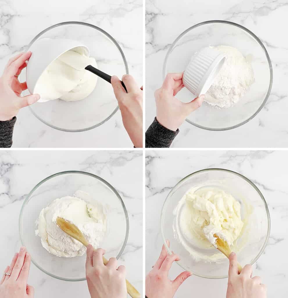 Mixing Yogurt and Cheesecake Pudding in Glass Bowl