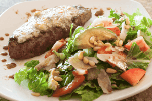 Gorgonzola steak and salad served