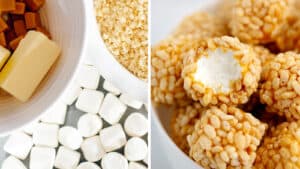 Marshmallow Krispies Ingredients (left) Bowl of Marshmallow Krispies (right)