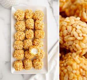 Caramel Marshmallow Rice Krispie Balls on Serving Platter