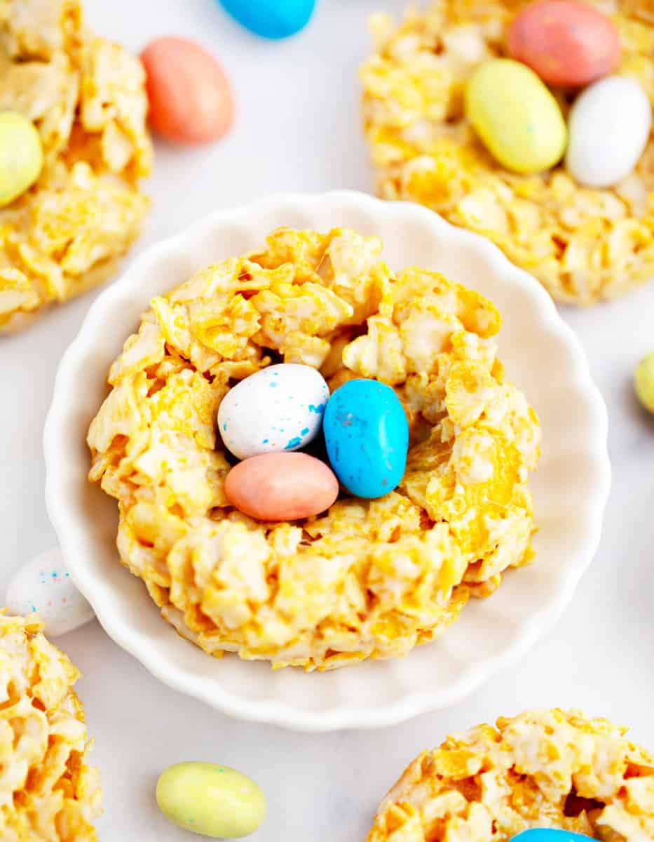 Birds Nest Cornflake Treats with Robin Egg Candies on Plate