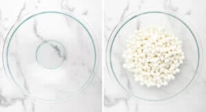 Marshmallows in Glass Bowl on White Marble
