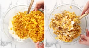 Adding Corn Flakes to Marshmallow Mixture