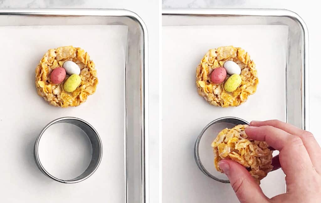 Using Circle Cookie Cutter to Form Nests on Baking Sheet with Parchment
