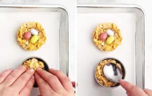 Pressing Corn Flake Mixture to Make Nest and Using a Spoon to Form the Center