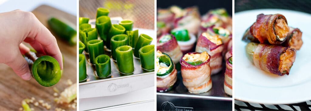 Coring Peppers (left) Peppers in Rack (middle left), Cooked Peppers in Rack (middle right), Jalapeno Poppers on Plate (right)