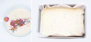 Sprinkles with boxed cake mix added to 9 by 13 pan