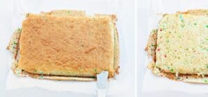 Trimming the edges of baked boxed funfetti cake