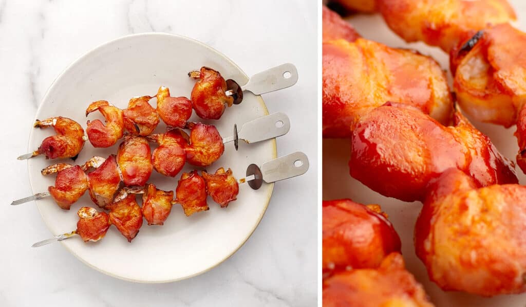 Bacon Wrapped Shrimp Skewers on Plate (left) Closeup (right)