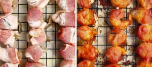 Bacon Wrapped Shrimp Kabobs on Baking Rack Raw (left) Cooked (right)