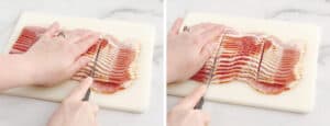Cutting Bacon in Thirds on White Cutting Board with Knife