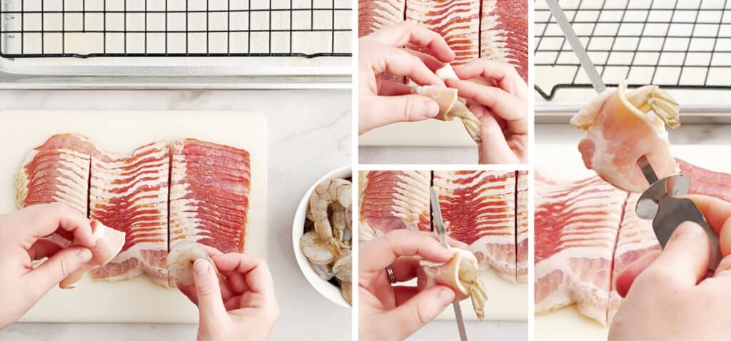 Wrapping Shrimp in Bacon and Adding to Skewers