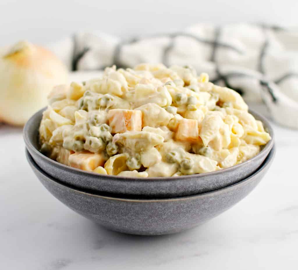 Pasta Salad with Tuna, Cheese, Peas in Grey Bowl