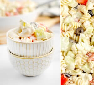 Pasta Salad in Stacked Bowls (left) Closeup (right)