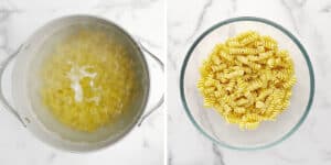 Boil Rotini Pasta Noodles in Pot (left) Cooked (right)