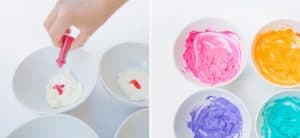 Food coloring added to cream cheese bowls and mixed