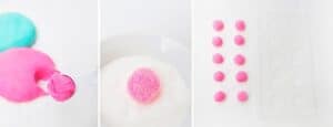 Cream cheese mints mixtures rolled into balls, dipped in sugar, and pressed into molds