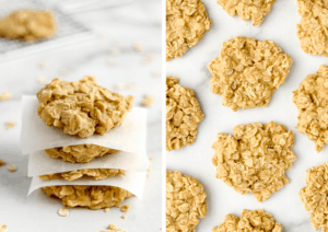 Stacked No Bake Peanut Butter Oatmeal Cookies with Parchment Paper