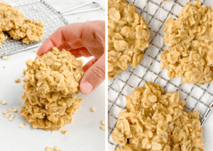 Person Taking One No Bake Peanut Butter Oatmeal Cookie with More Cookies on Baking Rack