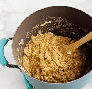 No Bake Peanut Butter Oatmeal Cookies in Pan on Stovetop