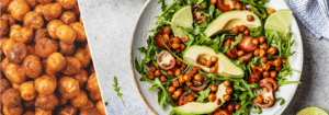 Roasted Chickpeas on Salad Greens with Lime, Cherry Tomatoes, and Avocado