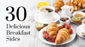 30 Delicious Breakfast Sides Text Overlay on Table Setting with Coffee and Breakfast Spread