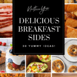 Delicious Breakfast Sides Text on Black Background Overlaying Grid of Breakfast Side Ideas